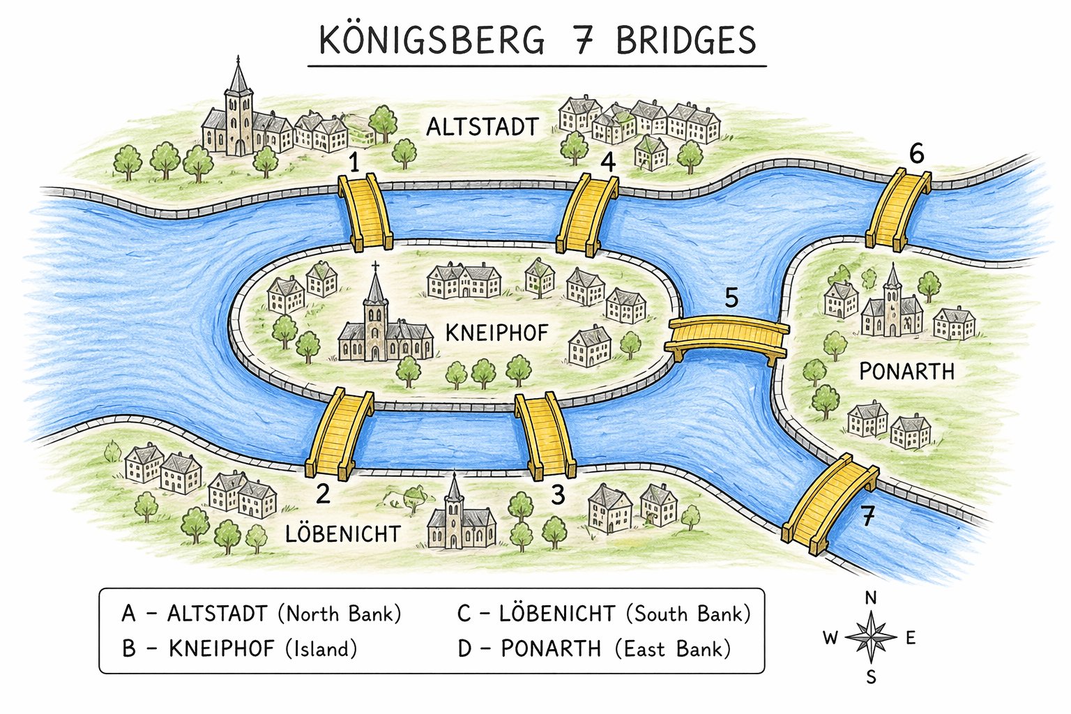 Sketch of Königsberg's seven bridges — Altstadt, Kneiphof, Löbenicht, Ponarth connected by seven numbered bridges